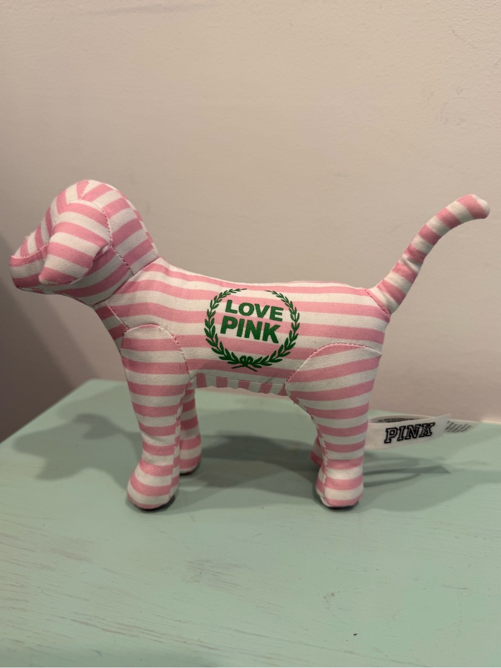 PINK Victoria's Secret Pink & White Striped Dog Plush "LOVE PINK" Logo